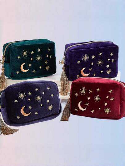 1pc Ramadan Velvet Crescent Moon Cosmetic Bag, Women Portable Large Capacity Cute Travel Toiletry Makeup Organizer, High-End Household & Travel Essential, Ideal Ramadan Gift, Velvet Star Shaped Cosmetic Bag, Octagonal Storage Pouch, Toiletry Bag For Cosmetics And Travel Makeup Brushes, Velvet Material, Suitable As Birthday Gift, Stylish Makeup Bag For Travel, Beach, Bathroom, Bedroom, Large Capacity