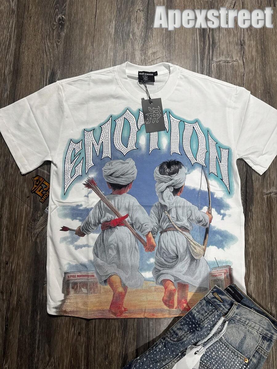 Mixed Emotion Tee,100% Cotton Printed T-Shirt,Stylish Design, Men's Graphic T-Shirt, Minimalist Design, Vintage Casual Style, Hip-Hop Style. Suitable For Outdoor Leisure Activities, Family Gatherings, And Dinners With Friends. - Trắng 1 - Xem 1