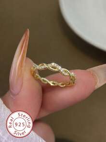 1 pieza Anillo de diseño de cuerda retorcida de plata de ley 925, incrustado con microdiamanantes, anillo minimalista de uso diario, joya de mujer, regalo exquisito de joyería para mujer, accesorio de moda para mujer - Anillo de cuerda retorcida con microadornos - Ver 1