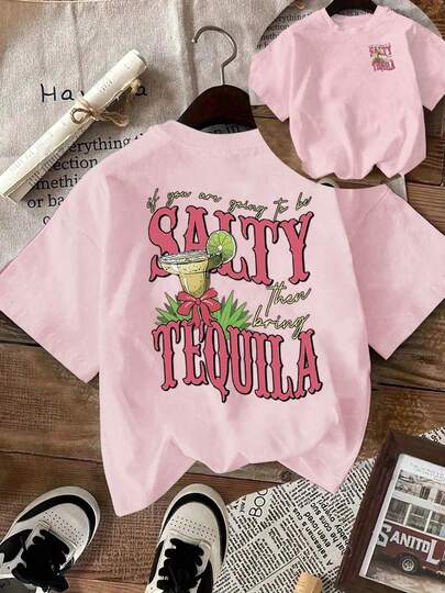 Femmes Tee à manches courtes col rond coupe ample, tenue de détente et de plage, imprimé anglais boisson au citron rose, Top d'été minimaliste et décontracté