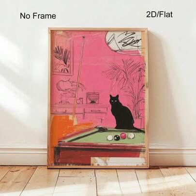 1pc Retro Pink Cat Billiards Art Poster Print, Funky Pool Hall Decor Wall Art, Maximalist Game Room Gift, No Frame
