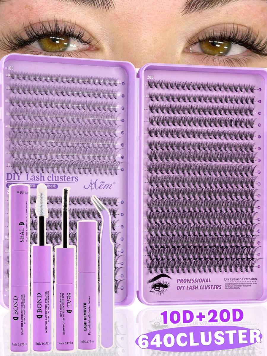 640pcs D-Curl Single Cluster False Eyelashes 8-16mm Mixed Length, Soft & Voluminous DIY Eyelash Extension Kit, Includes 10D+20D Lower Lashes, Lash Glue, Remover And Tweezers, Fluffy Natural Y2K Butterfly Pink Makeup Look, Long-Lasting, Home DIY With Tutorial