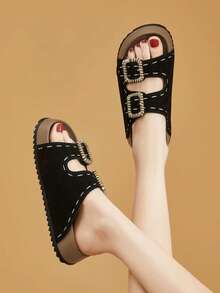 Women's Sandals, New Casual Versatile Round Toe Buckle Thick Bottom Retro Breathable Sandals - Black - View 2