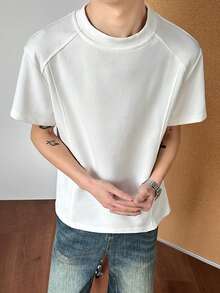 1pc Men's White Short Sleeve Crew Neck T-Shirt, Contrast Stitching Deconstruction Patchwork, Heavy-Weight Knit Fabric, Machine Washable, Minimalist Retro Fashion Style, Suitable For Casual Daily Wear - White - View 6