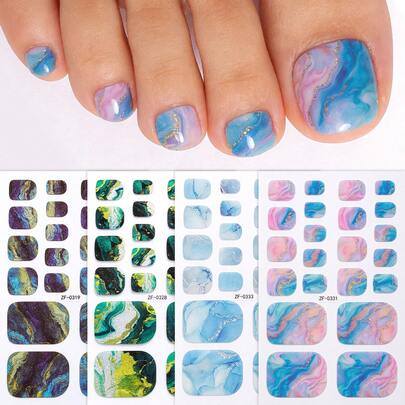 4片装极简闪亮脚趾甲贴，春夏多色大理石纹脚趾甲贴 - 轻松打造美甲造型，完美适用于女性音乐节、派对、约会和DIY美甲贴纸