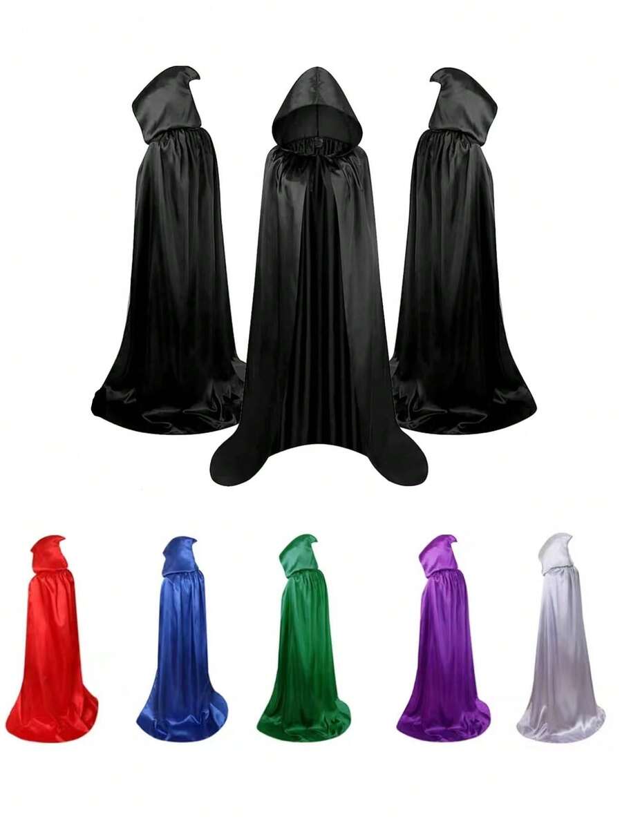 1件成人黑色万圣节连帽斗篷服装，男女皆宜，可扮演巫师、恶魔、吸血鬼、精灵、死神等角色，适用于各种节日和表演，中世纪风格，是舞台表演、角色扮演和派对的理想之选。