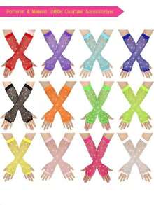 2 Sets Of Women's 1980s Neon Street Party Punk Fishnet Studded Diamond Elasticated Fingerless Gloves, Halloween Party, Carnival, Mother's Day Gift - Multicolor - View 1