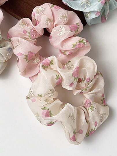 1-2 piezas Scrunchies bordados, diseño floral elegante, adecuado para uso diario casual