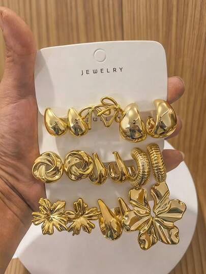 6-18 piezas Pendientes de lujo con diseños metálicos de moda para mujeres, incluyendo gota, acanalado, espiral y floral, de estilo minimalista y elegante, adecuados para uso diario para realzar la sofisticación