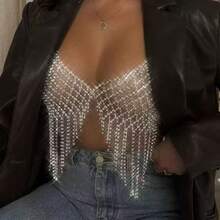 夜店派对闪亮流苏水晶胸链，女士性感水钻网状身体链 - 銀色 - 查看 4
