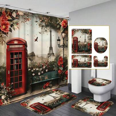 Four-Piece Shower Curtain Set Featuring The Eiffel Tower Design, Telephone Booth Motif, Red Flowers, And Bathroom Decor; Includes A U-Shaped Non-Slip Mat And Toilet Seat Cover.