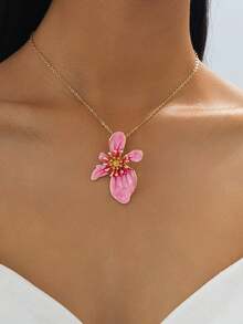 1件手工制作的多巴胺灵感扎染渐变不对称五瓣花珐琅项链（不含礼盒） - 粉色 - 查看 1