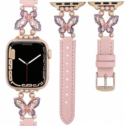 可爱蝴蝶装饰表带，可调节弹性粉色皮革表带，适用于 8/7/6/SE
