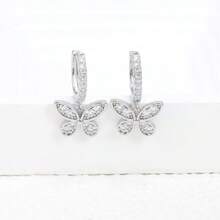 纯银防过敏女士耳环，镶嵌立方氧化锆，蝴蝶造型，时尚精致，生日礼物 - 銀色 - 查看 3
