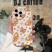1pc Fashion Yellow Butterfly & Flower Pattern Asymmetric Cream Phone Case, Ideal For Daily Use, Compatible With IPhone17pro/17promax/17Air/17/16e/16/15/14/13/12/11/Galaxy S23/S24/S25/S26/A57/A37/A17/A07 Series - White - View 2