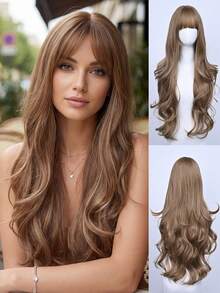 32 Inch Long Brown Wavy Wig For Women - With Bangs, Heat Resistant Synthetic Fiber, Adjustable Size - Khaki - View 2
