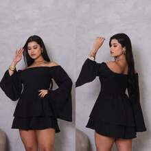 Short Off-The-Shoulder Romper Dress With Puff Sleeves - Black - View 5