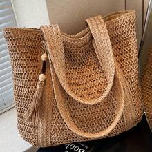New Women'S Fashion Solid Color Shoulder Bag Is A Stylish Beach Tote. The Woven Texture Enhances The Bag'S Quality And Adds Some Flexibility. It Features A Spacious Open Interior, Making It Ideal For Daily Outings, Shopping, Commuting, School - 綠色 - 查看 8