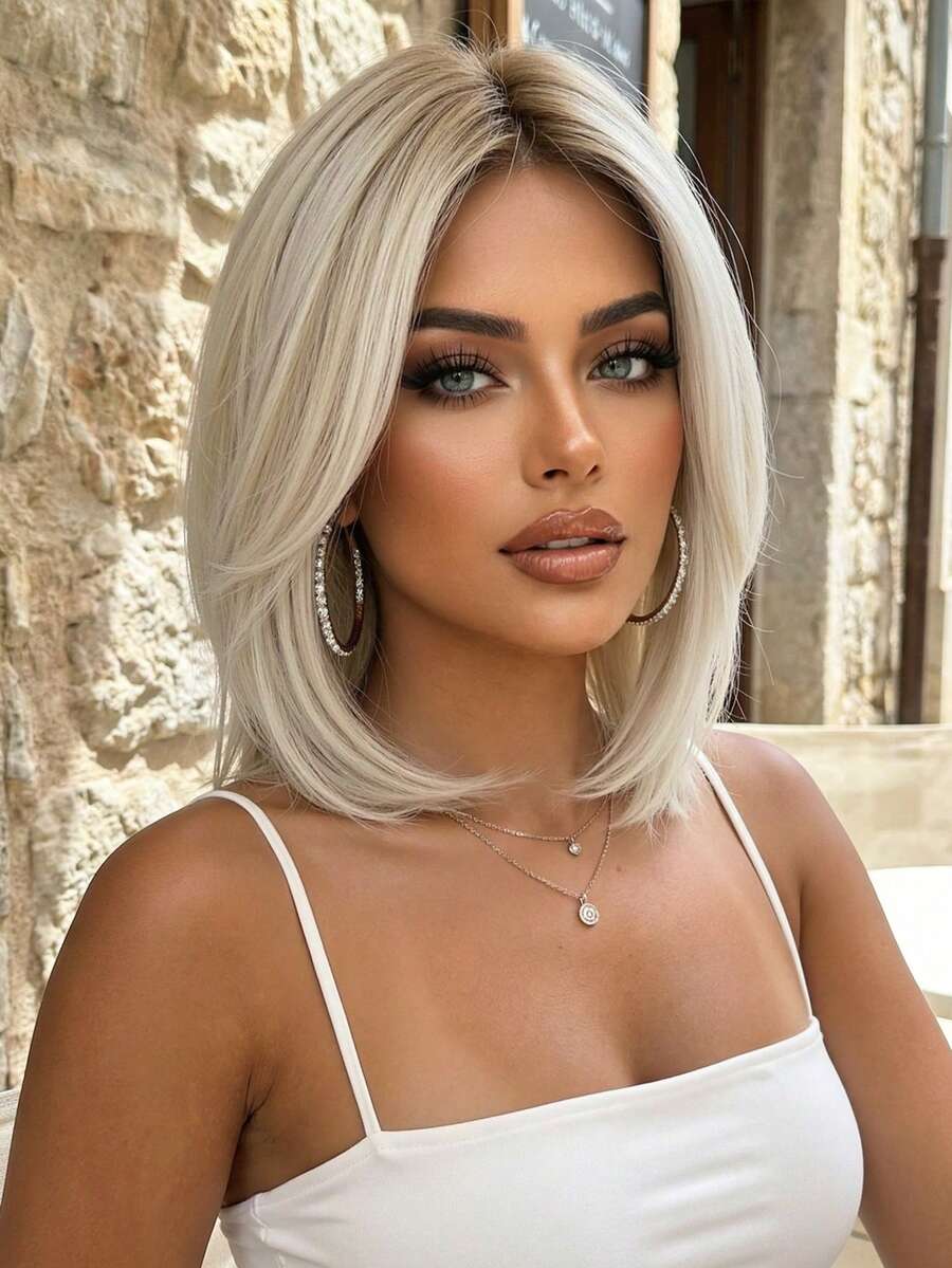 12 Inch Ash Blonde With Platinum Highlights Bob Wigs For Women, Machine Made Heat Resistant Synthetic Wig With Bangs - Gold - View 1