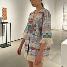 Women's Floral Tile Print Kimono Open Front 3/4 Sleeve Tassel Trim Loose Cover Up For Beach Vacation Outfits - 白色 - 查看 3
