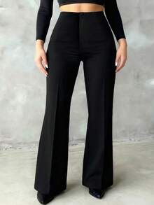 Plus Size Women's Solid Color Casual Elegant High Waist Straight Leg Pants, Suitable For Daily Wear, Office Commute, Vacation, Party, Black, Spring - Black - View 4