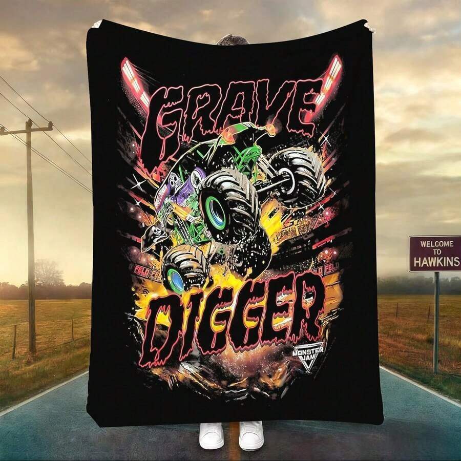1PC 3D Monster Jam Monster Truck Cartoon Blanket, Edgy Gift For Motorsports Fans, Themed Man Cave Decor, Retro Sci-Fi Party Accent & Race Day Souvenir,Soft Throw Blanket For Home Bedroom Bed Sofa Picnic Travel Office Cover Blanket, Multiple Sizes 50x60 To 60x80 Inches