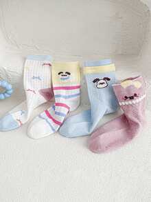 4双装春夏薄款透气网眼袜，适合1-16岁女孩，可爱卡通小狗、蝴蝶结、条纹图案 - 彩色 - 查看 8