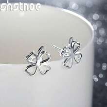Pendientes de botón de trébol de cuatro hojas hueco de plata de ley 925, regalo de joyería de moda para mujeres, fiesta, compromiso, boda - plata - Ver 4