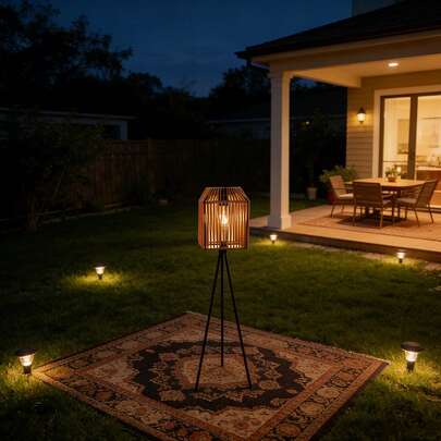 Lámpara de pie solar para patio exterior, IP44 resistente al agua y a la intemperie, lámpara de pie de ratán bohemio con soporte trípode antioxidante, luz de pie de bambú moderna para porche, patio trasero, terraza, jardín, sala de estar, rincón, decoración de balcón