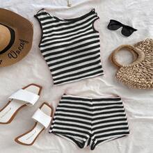 Summer European American Style Striped Knitted Top & Hot Shorts Two Piece Set, Rui Chuo Casual Slim Fit Soft Comfortable Daily Streetwear Vacation Beach Fashion Women Outfit - 軍綠色 - 查看 8