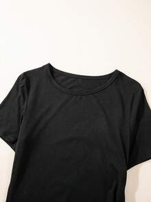 Acelitt Robe femme couleur unie mode minimaliste taille mi-haute plissée ajustée ourlet asymétrique manches courtes col rond, été noir élégant - Noir - Voir 7