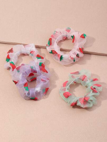 4 Stücke/Set Mädchen bunte Mesh Erdbeermuster Scrunchies Set, geeignet für tägliche Dekoration