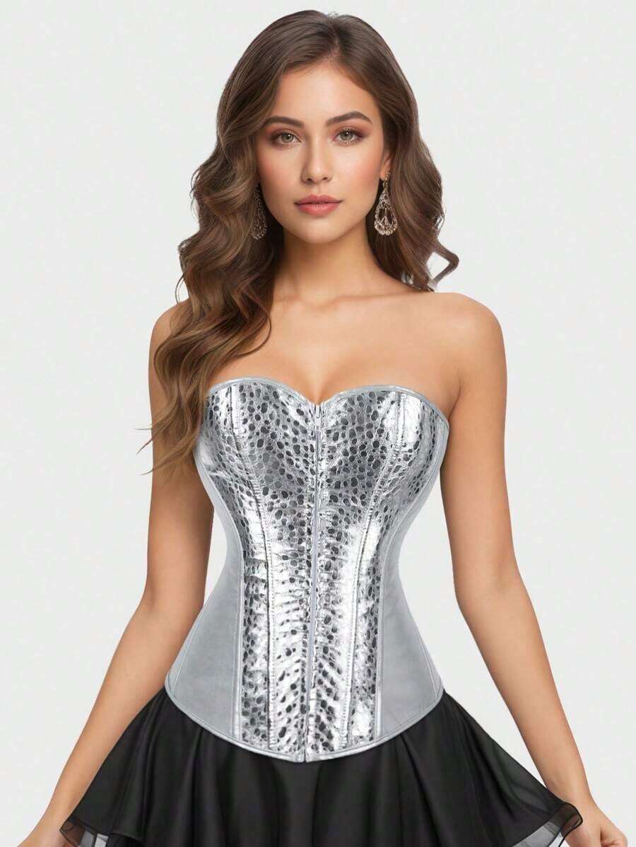 Corsets For Women Plus Size Faux Leather Steampunk Corset Top Zipper Bustier  Silver Corset - 銀色 - 查看 1