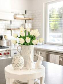 10支仿真白色郁金香，春夏郁金香，仿真春季花卉，深绿色叶子，逼真郁金香花，婚礼花束家居花园DIY插花，母亲节毕业装饰，派对中心摆件，户外花园装饰（乳白色） - 乳白色 - 查看 9