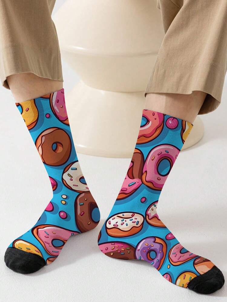 1 par de calcetines para hombres con estampado 360° - con diseño de donas, suaves y cómodos con buena elasticidad, estilo casual y de moda para usar en la calle, adecuados para calcetines de compresión, calcetines para el Día de San Valentín o calcetines holgados para maternidad. - Multicolor - Ver 7