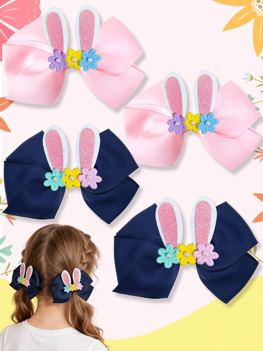 2pcs 5.5 Inch Rabbit Ear Decor Hair Clips With Bow, Flower And Rabbit Ear Decor, Holiday Party Gift Bow, Easter Bow, Elegant Style