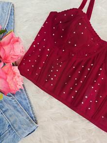 Black Rhinestone Thin Straps Bustier Top - 1 Piece Mesh Panel Cropped Waist Cinching Bust Enhancing Sexy Fashionable Date Party - Burgundy - View 5