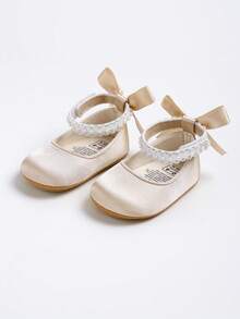Newborn Baby Girls' Mary Jane Flats, Bow Decor, Non-Slip Soft Bottom PU Leather Infant Prewalker Shoes, Pearl Ribbon - Champagne - View 8