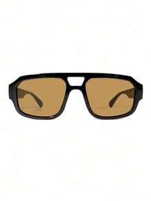 1pc Retro Large Frame Double Bridge Women's Fashion Glasses, High-End Street Style - Black Frame Tea Leaves - View 5