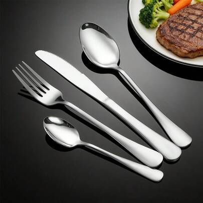 4/12/20/24pcs Stainless Steel Cutlery Set, Including Knives, Forks, Spoons, Dessert Spoons, Mirror Polished, Durable Anti-Corrosion, Suitable For Home, Kitchen, Restaurant, Hotel, Wedding, Party, Dishwasher , Elegant Luxury Tableware Gift Set
