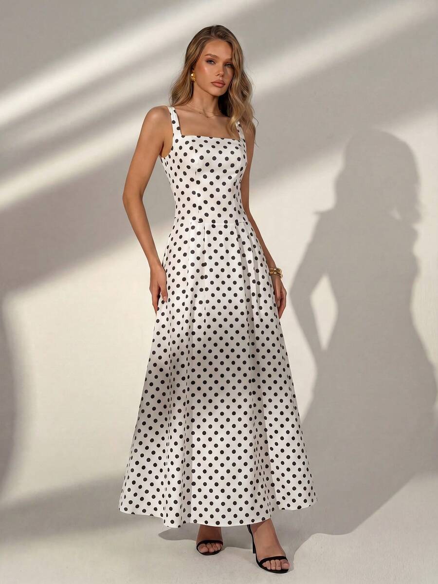 优雅黑白波点方领无袖长款连衣裙 - A字廓形，复古时尚，适合正式晚宴、周末早午餐、城市漫步、约会之夜、休闲外出、海滩度假，简约春夏风格。 - 白色 - 查看 1