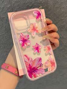 1pc Vibrant Lily Flower Pattern Pink Edgy Transparent Full Coverage Shockproof Fashionable Phone Case, Suitable For IPhone 11 12 13 14 15 16 17 Pro Max/Plus, Gift - Multicolor - View 3