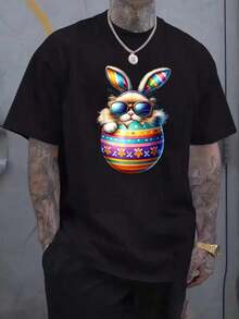 100% Pure Cotton Ragdoll Cat Lover Easter Egg Happy Easter Bunny Ears Funny Printed T-Shirt For Men,Comfortable Cozy Summer Styles, Suitable For Mens' Daily Casual Wear - Black - View 1