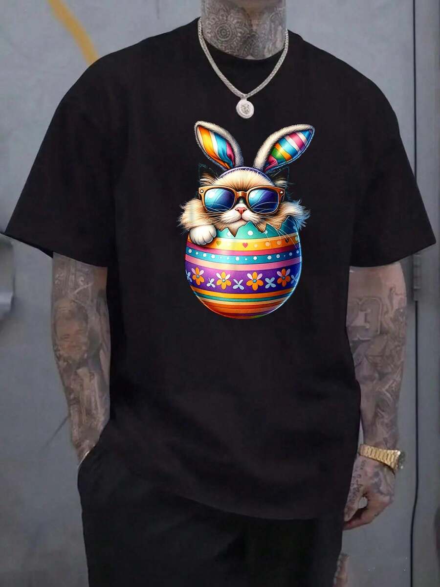 100% Pure Cotton Ragdoll Cat Lover Easter Egg Happy Easter Bunny Ears Funny Printed T-Shirt For Men,Comfortable Cozy Summer Styles, Suitable For Mens' Daily Casual Wear - Black - View 1