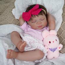 Boneca Bebê Reborn Realista de 18 Polegadas, Feita à Mão com Cabelo Enraizado, Vestindo Roupa Rosa, Corpo de Vinil Completo com Veias Visíveis, Presente Perfeito de Natal ou Aniversário - Rosa Bebê - Visão 6