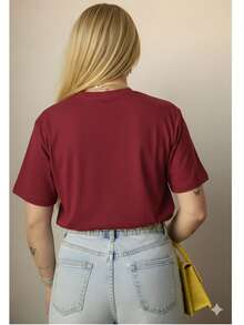 Women's T-Shirt, Short Sleeve, Premium Knit, Casual, Plain, Relaxed, 100% Cotton - 勃根地 - 查看 2