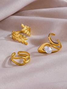 3pcs Set Luxury 18K Gold Plated Stainless Steel Cubic Zirconia Multilayer Rings, Leaf Geometric Line Design Gold Rings, Suitable For Women's Daily Wear And Wedding, Gift - Gold - View 2