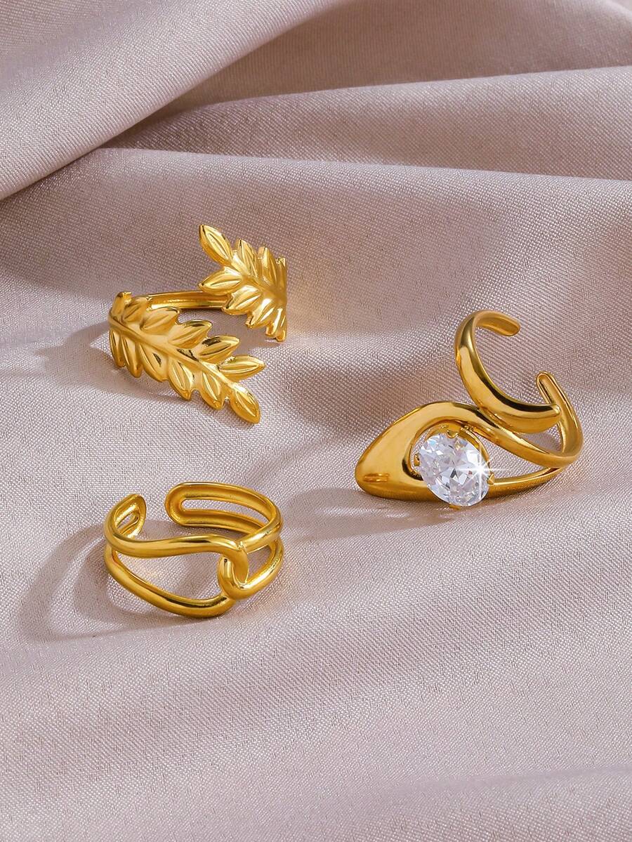 3pcs Set Luxury 18K Gold Plated Stainless Steel Cubic Zirconia Multilayer Rings, Leaf Geometric Line Design Gold Rings, Suitable For Women's Daily Wear And Wedding, Gift - Gold - View 1