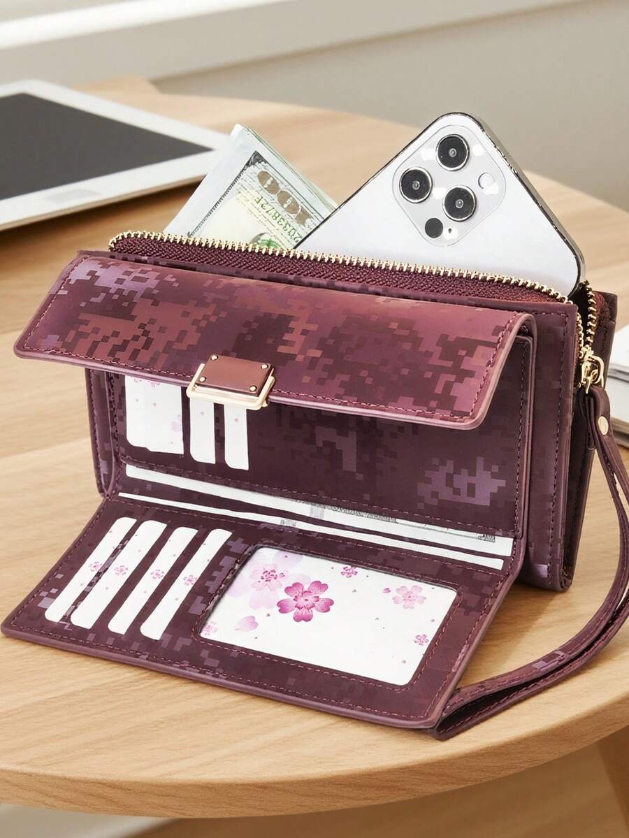 MINGYOU 时尚柔软材质高端刺绣便携休闲黑色手机钱包女士拉链手机钱包适合购物旅行必备女士钱包长款钱包腕包可爱复古钱包 - 酒紅色 - 查看 1