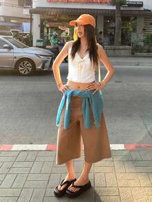 Casual Versatile Korean Style V-Neck Lace Trim Women Tank Tops Summer - Apricot - View 9